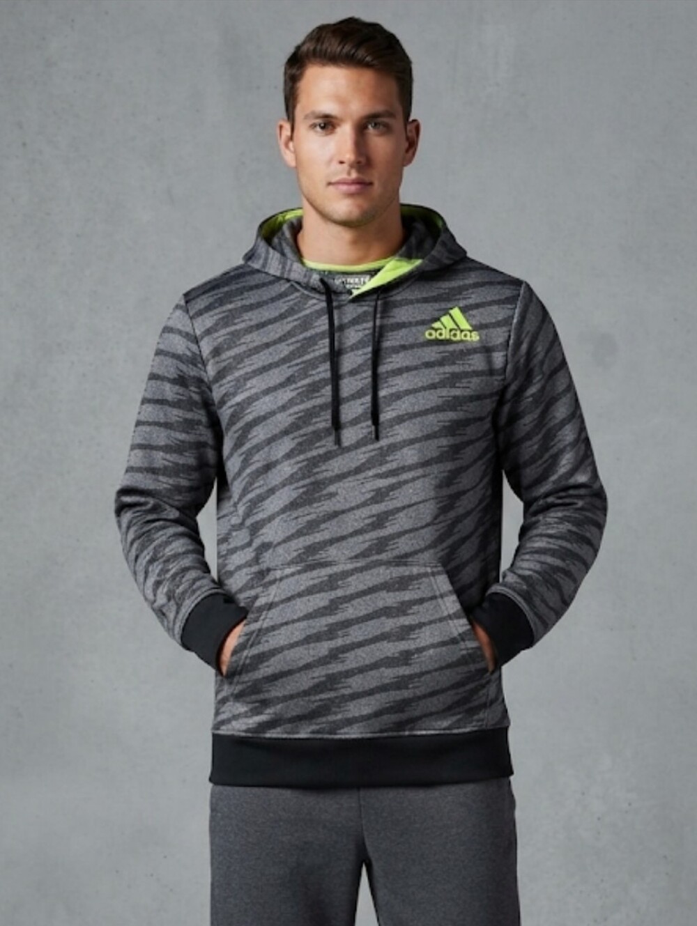Adidas Ultimate Pullover Hoodie Gray Zigzag & Lime Green Accents Size Large